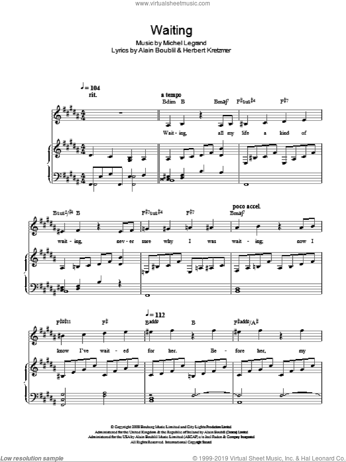 Waiting sheet music for voice, piano or guitar by Michel LeGrand, Marguerite (Musical), Alain Boublil and Herbert Kretzmer, intermediate skill level