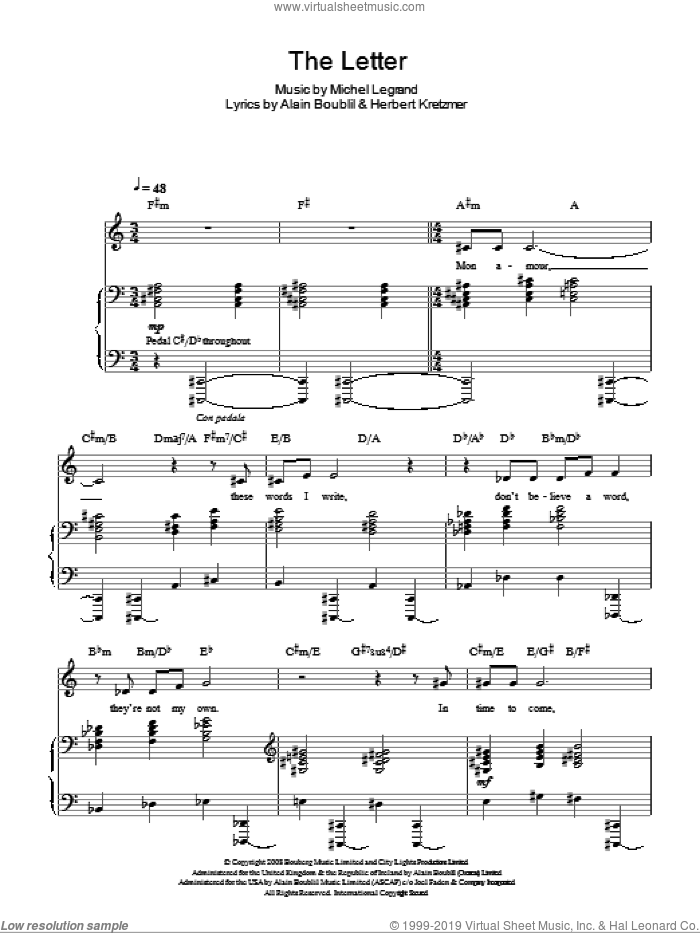 The Letter sheet music for voice, piano or guitar by Michel LeGrand, Marguerite (Musical), Alain Boublil and Herbert Kretzmer, intermediate skill level