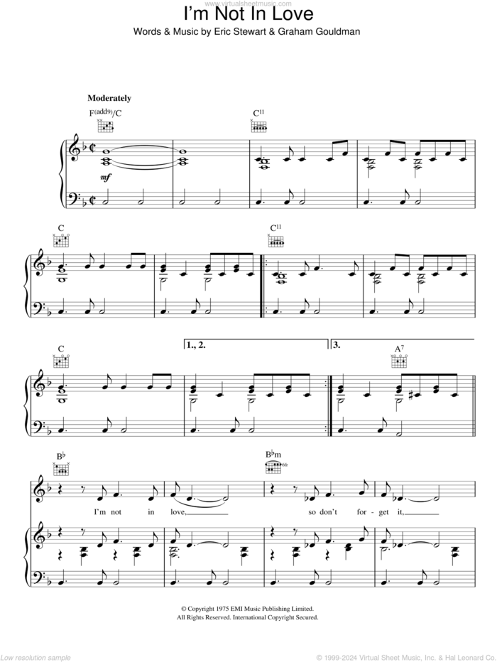 I'm Not In Love sheet music for voice, piano or guitar by 10Cc, Eric Stewart and Graham Gouldman, intermediate skill level