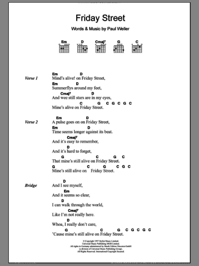 Friday Street sheet music for guitar (chords) by Paul Weller, intermediate skill level