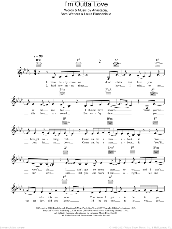 I'm Outta Love sheet music for voice and other instruments (fake book) by Anastacia, Louis Biancaniello and Sam Watters, intermediate skill level