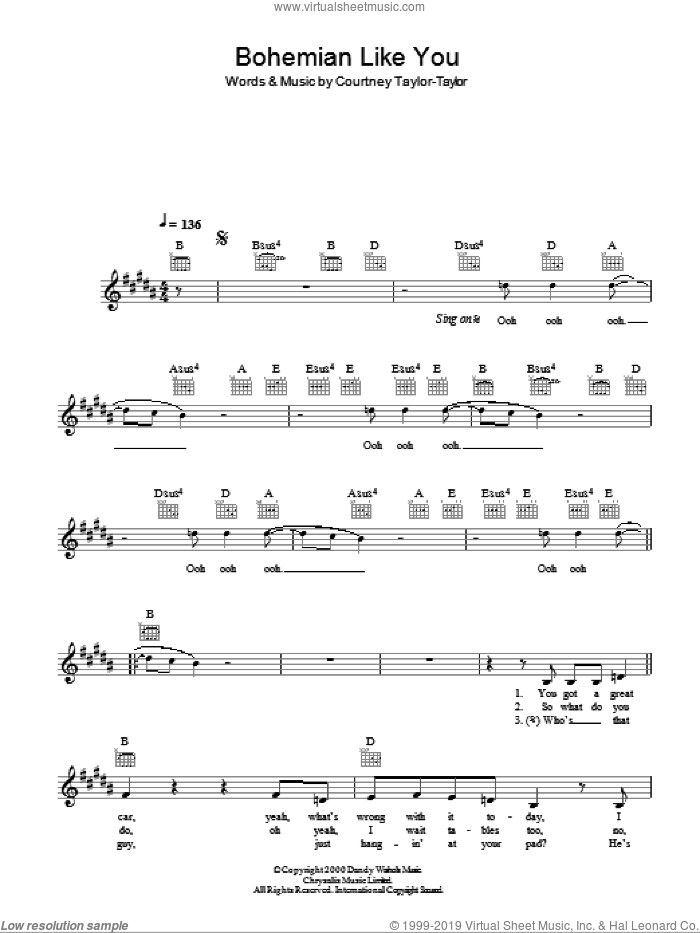 Bohemian Like You sheet music for voice and other instruments (fake book) by The Dandy Warhols and Courtney Taylor-Taylor, intermediate skill level