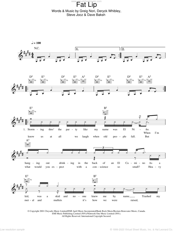 Fat Lip sheet music for voice and other instruments (fake book) by Sum 41, Dave Baksh, Deryck Whibley, Greig Nori and Steve Jocz, intermediate skill level