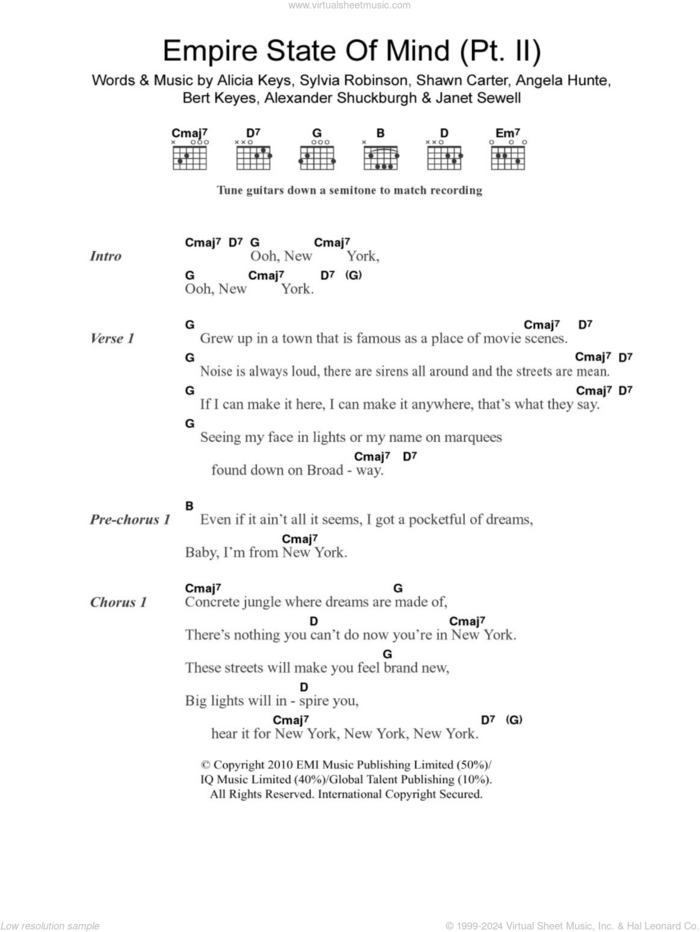 Empire State Of Mind (Pt.II) sheet music for guitar (chords) by Alicia Keys, Al Shuckburgh, Angela Hunte, Bert Keyes, Janet Sewell, Shawn Carter and Sylvia Robinson, intermediate skill level