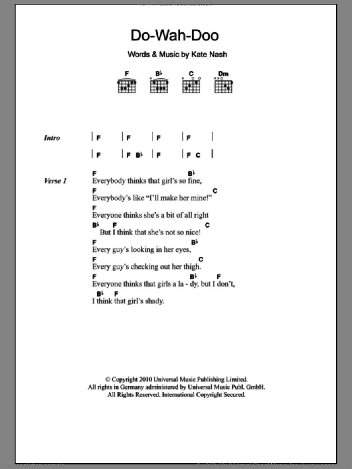 Do-Wah-Doo sheet music for guitar (chords) by Kate Nash, intermediate skill level