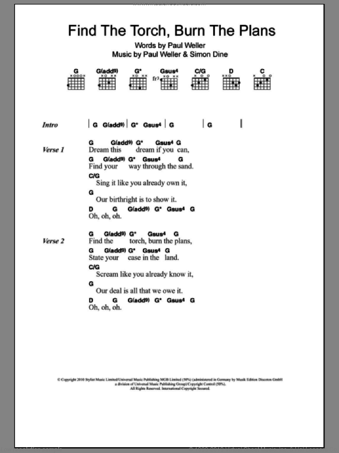 Find The Torch, Burn The Plans sheet music for guitar (chords) by Paul Weller and Simon Dine, intermediate skill level
