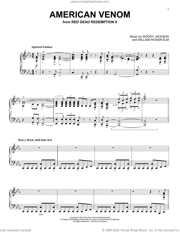 American Venom (from Red Dead Redemption II), (intermediate) sheet music for piano solo by Woody Jackson, intermediate skill level