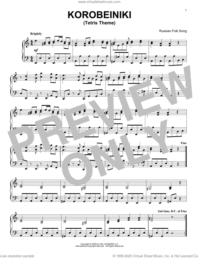 Korobeiniki Tetris Theme sheet music for piano solo by Russian Folk, intermediate skill level