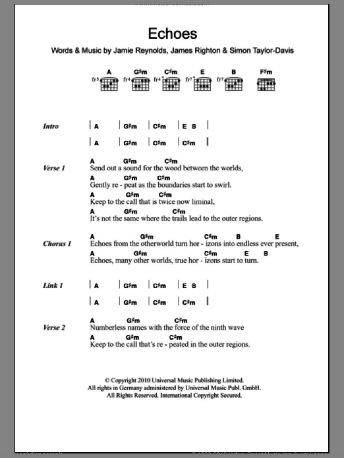 Echoes sheet music for guitar (chords) by Klaxons, James Righton, Jamie Reynolds and Simon Taylor-Davis, intermediate skill level