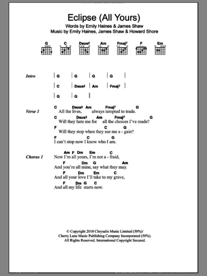 Eclipse (All Yours) sheet music for guitar (chords) by Metric, Emily Haines, Howard Shore and James Shaw, intermediate skill level