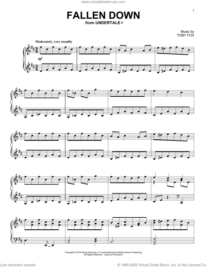 Fallen Down (from Undertale), (intermediate) sheet music for piano solo by Toby Fox, intermediate skill level