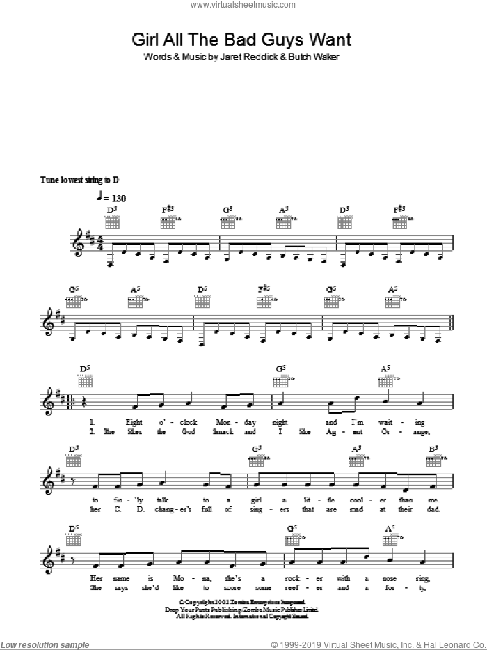 Girl All The Bad Guys Want sheet music for voice and other instruments (fake book) by Bowling For Soup, Butch Walker and Jaret Reddick, intermediate skill level