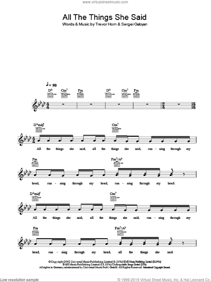 All The Things She Said sheet music for voice and other instruments (fake book) by Tatu, Sergei Galoyan and Trevor Horn, intermediate skill level