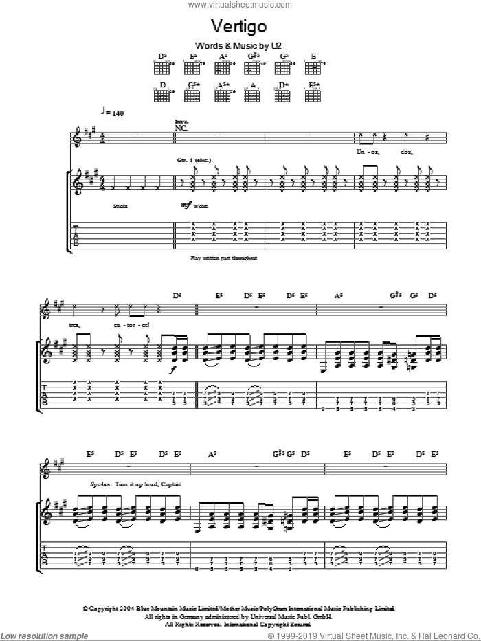 Vertigo sheet music for guitar (tablature) by U2, intermediate skill level