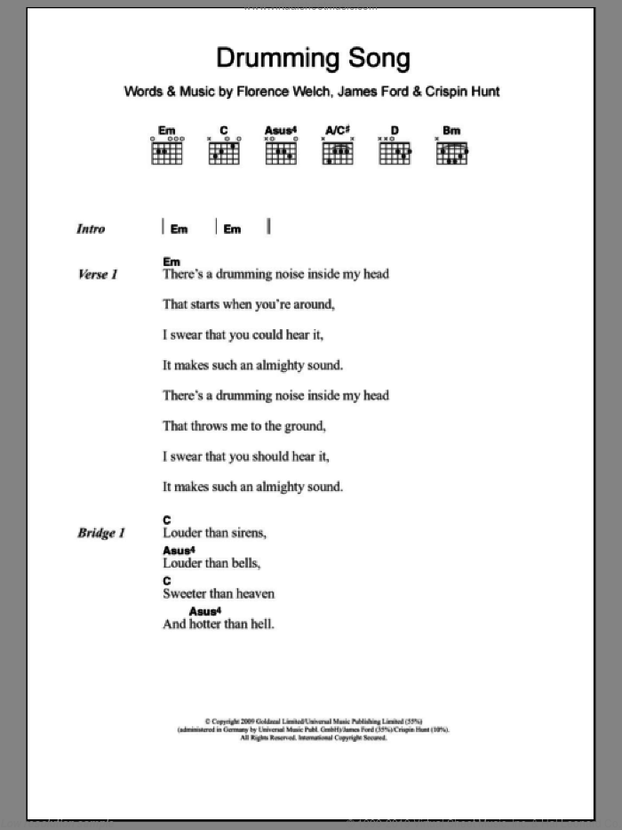 Drumming Song sheet music for guitar (chords) by Florence And The Machine, Florence And The  Machine, Crispin Hunt, Florence Welch and James Ford, intermediate skill level
