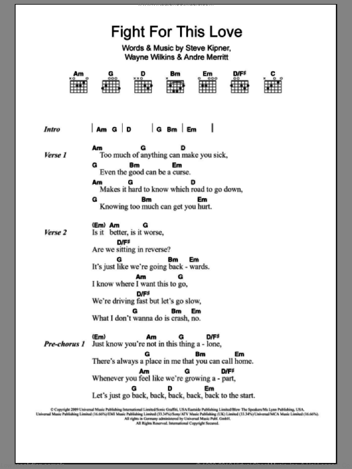 Fight For This Love sheet music for guitar (chords) by Cheryl Cole, Andre Merritt, Steve Kipner and Wayne Wilkins, intermediate skill level