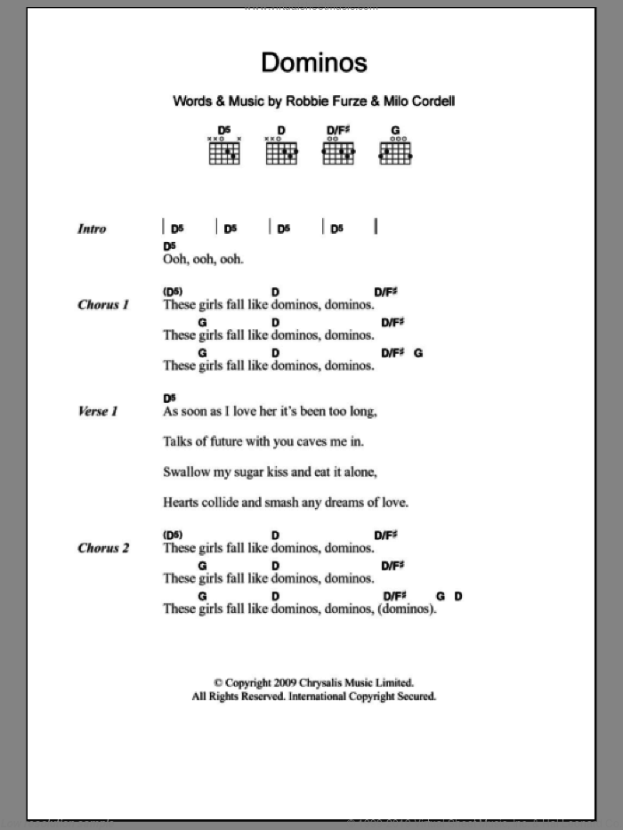 Dominos sheet music for guitar (chords) by The Big Pink, Milo Cordell and Robbie Furze, intermediate skill level