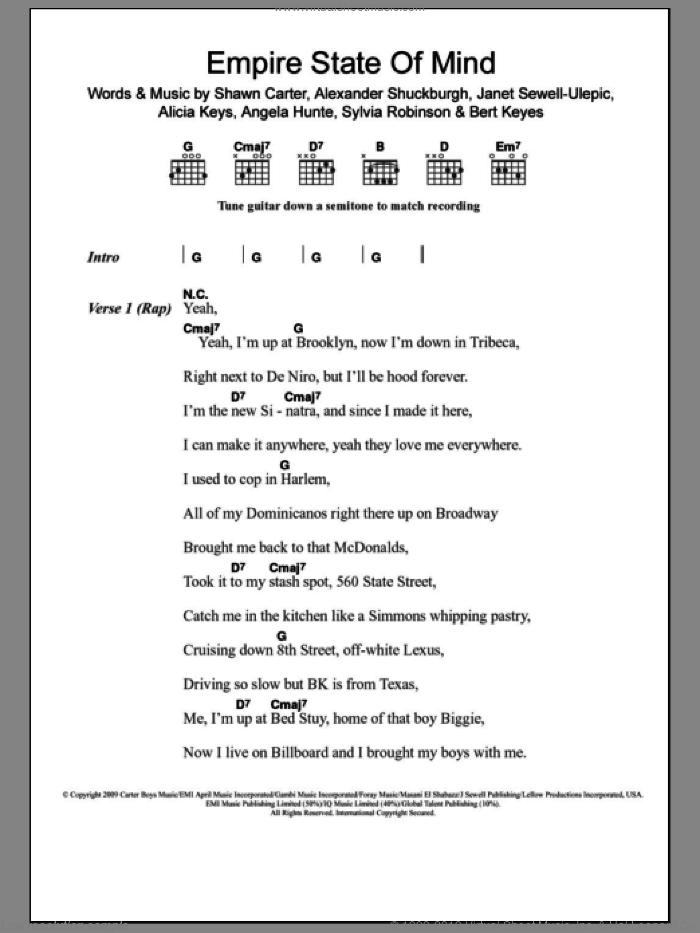 Empire State Of Mind sheet music for guitar (chords) by Jay-Z featuring Alicia Keys, Jay-Z, Al Shuckburgh, Alicia Keys, Angela Hunte, Bert Keyes, Janet Sewell-Ulepic, Shawn Carter and Sylvia Robinson, intermediate skill level