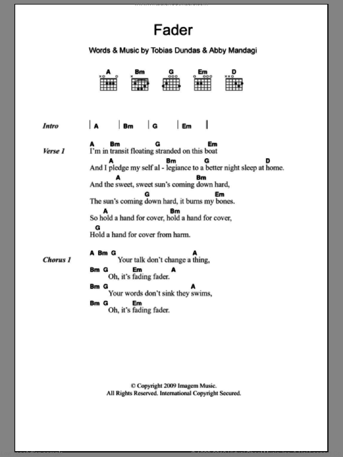 Fader sheet music for guitar (chords) by The Temper Trap, Abby Mandagi and Tobias Dundas, intermediate skill level