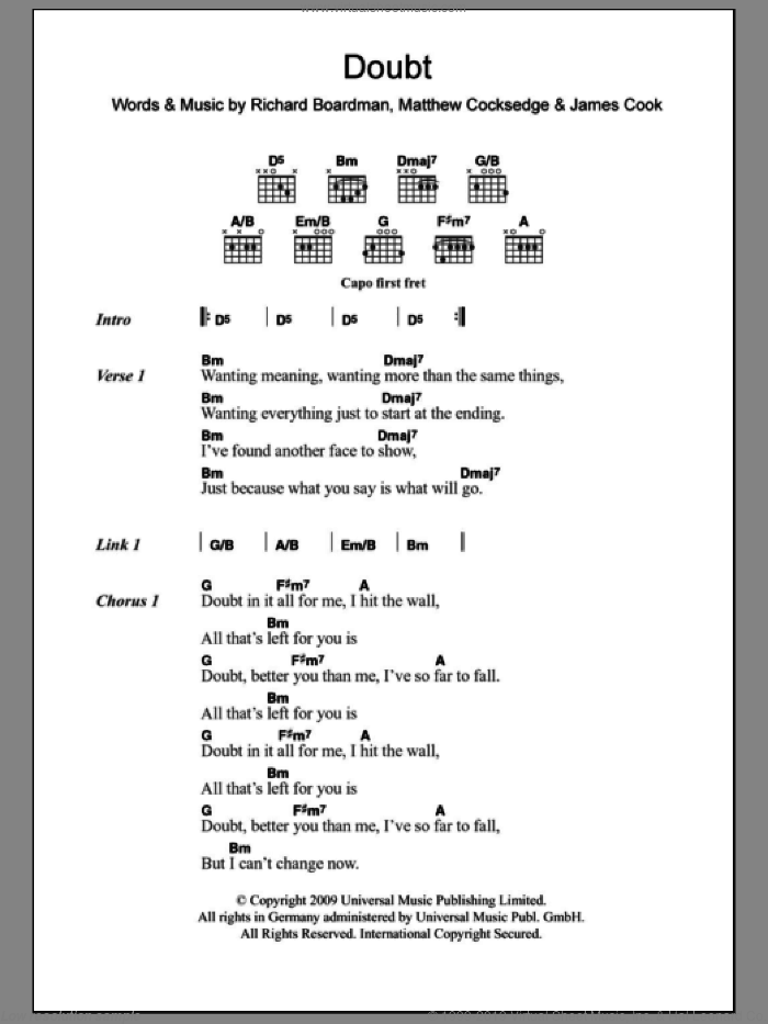 Doubt sheet music for guitar (chords) by Delphic, James Cook, Matthew Cocksedge and Richard Boardman, intermediate skill level