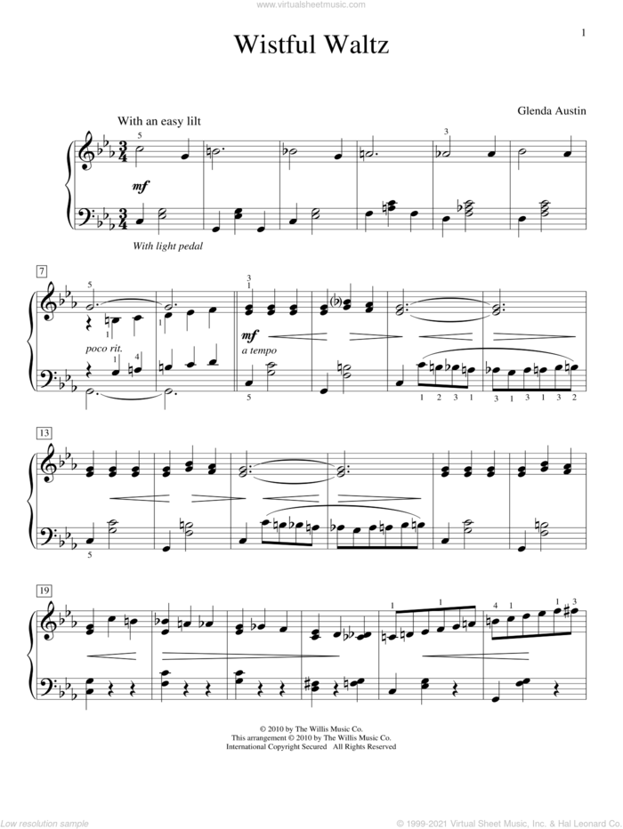 Wistful Waltz sheet music for piano solo (elementary) by Glenda Austin, classical score, beginner piano (elementary)