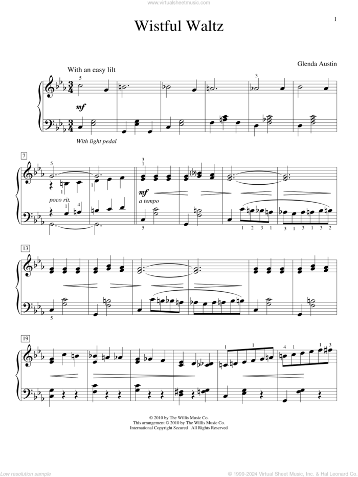 Wistful Waltz sheet music for piano solo (elementary) by Glenda Austin, classical score, beginner piano (elementary)