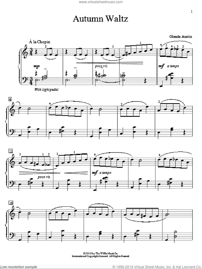 Autumn Waltz sheet music for piano solo (elementary) by Glenda Austin, classical score, beginner piano (elementary)