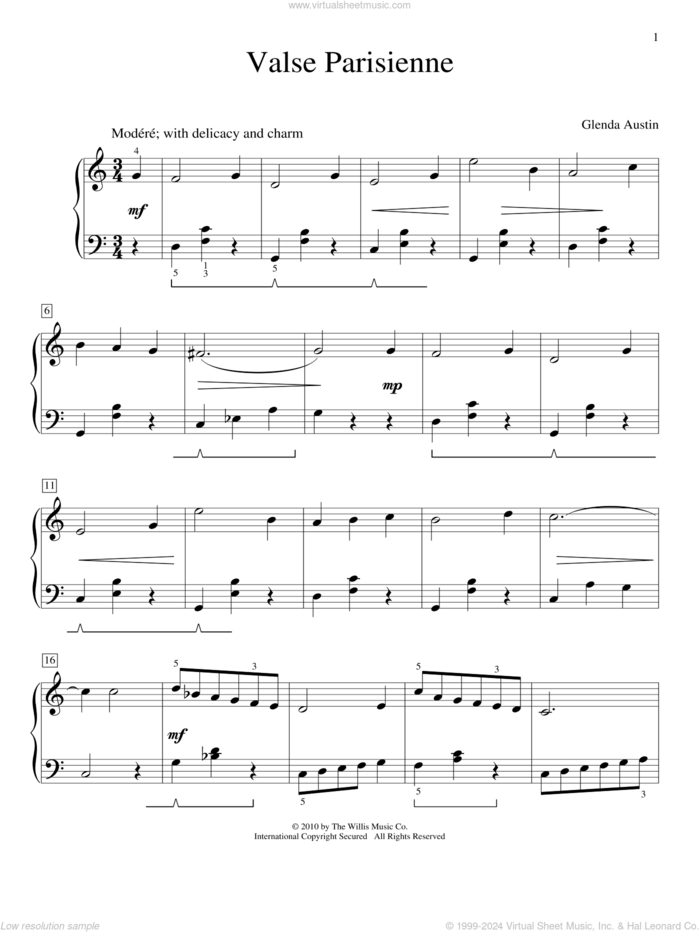 Valse Parisienne sheet music for piano solo (elementary) by Glenda Austin, classical score, beginner piano (elementary)