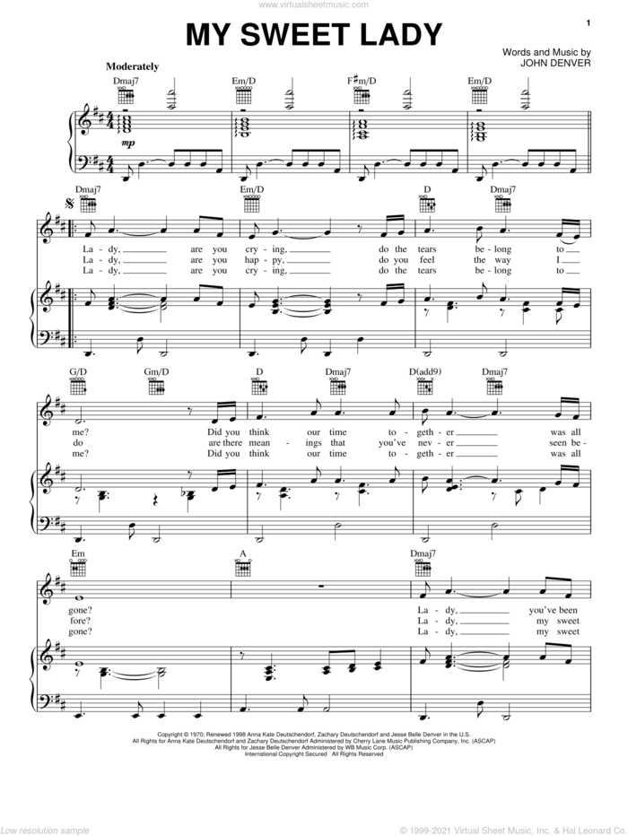 My Sweet Lady sheet music for voice, piano or guitar by John Denver, wedding score, intermediate skill level