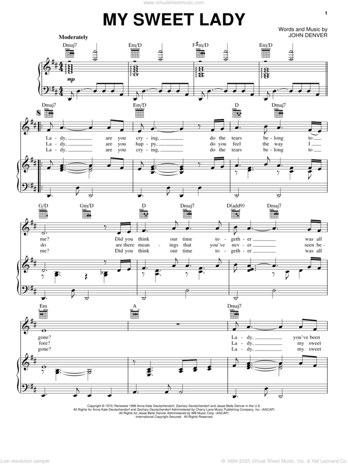 My Sweet Lady sheet music for voice, piano or guitar by John Denver, wedding score, intermediate skill level