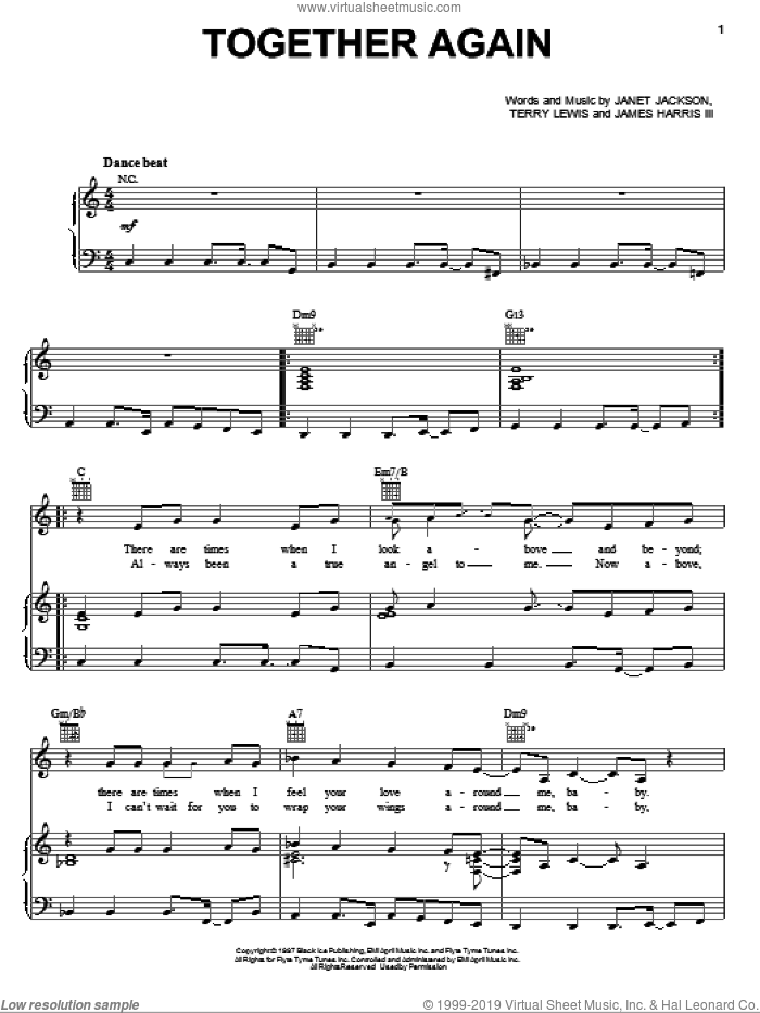 Together Again sheet music for voice, piano or guitar by Janet Jackson, James Harris and Terry Lewis, intermediate skill level
