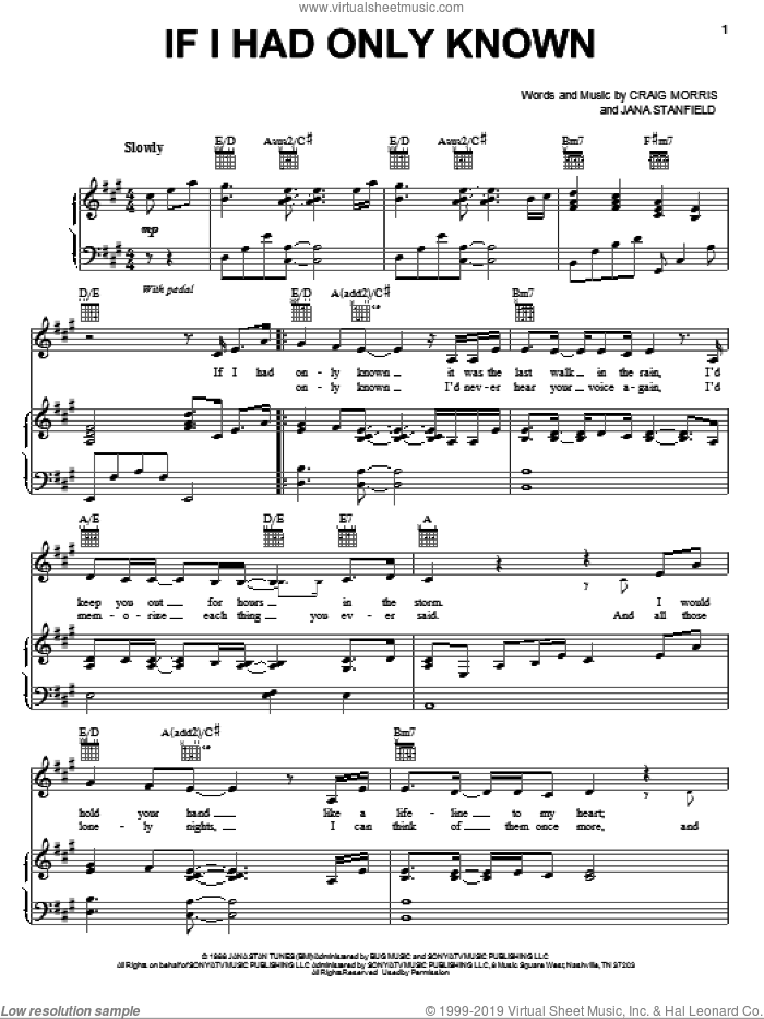 If I Had Only Known sheet music for voice, piano or guitar by Reba McEntire, Craig Morris and Jana Stanfield, intermediate skill level