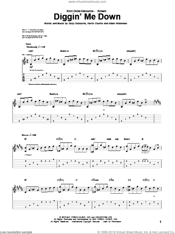 Diggin' Me Down sheet music for guitar (tablature) by Ozzy Osbourne, Adam Wakeman and Kevin Churko, intermediate skill level