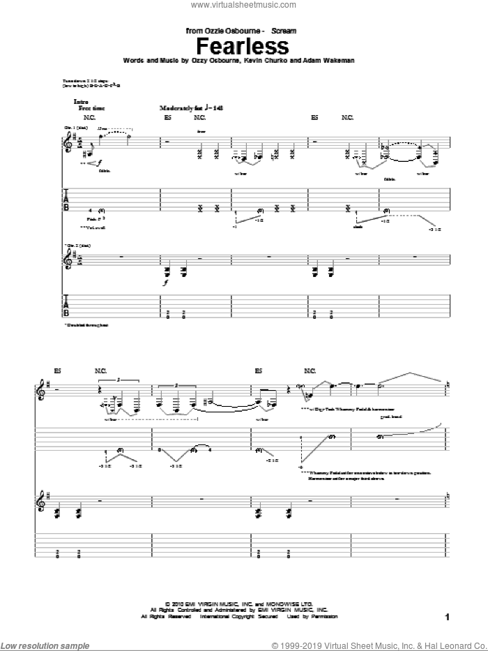 Fearless sheet music for guitar (tablature) by Ozzy Osbourne, Adam Wakeman and Kevin Churko, intermediate skill level