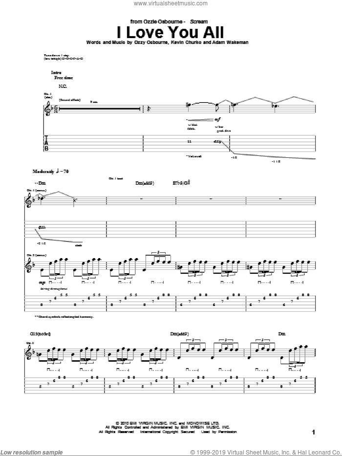 I Love You All sheet music for guitar (tablature) by Ozzy Osbourne, Adam Wakeman and Kevin Churko, intermediate skill level