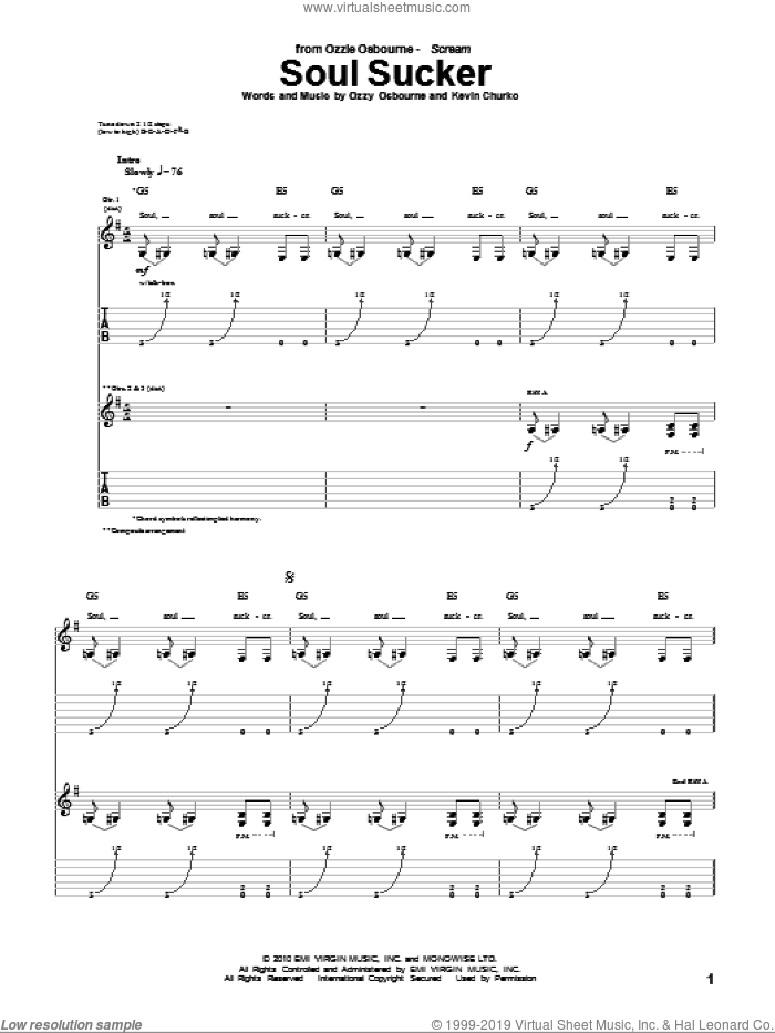 Soul Sucker sheet music for guitar (tablature) by Ozzy Osbourne and Kevin Churko, intermediate skill level