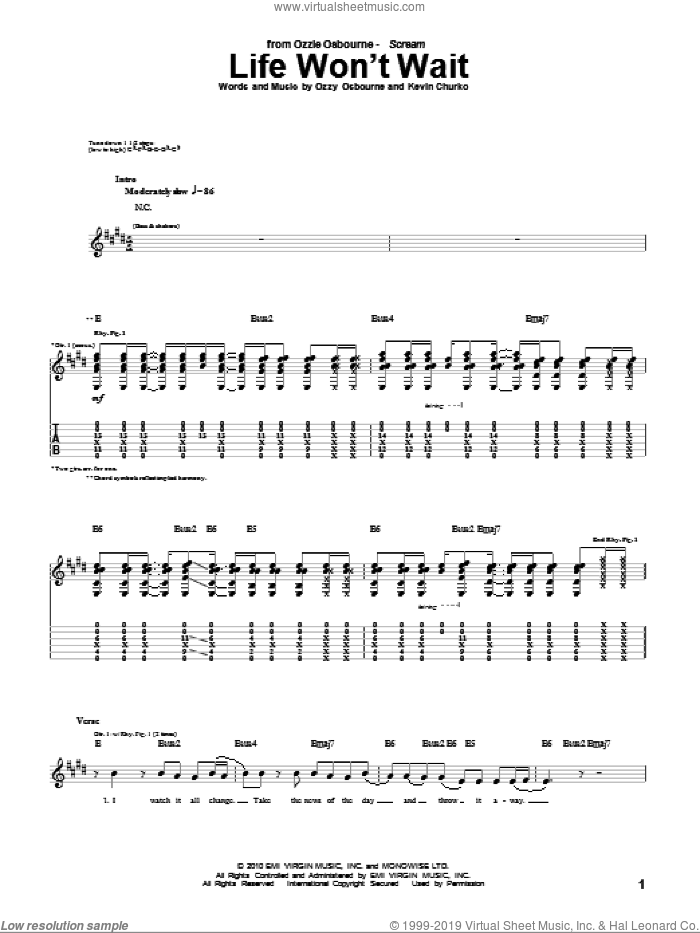 Life Won't Wait sheet music for guitar (tablature) by Ozzy Osbourne and Kevin Churko, intermediate skill level
