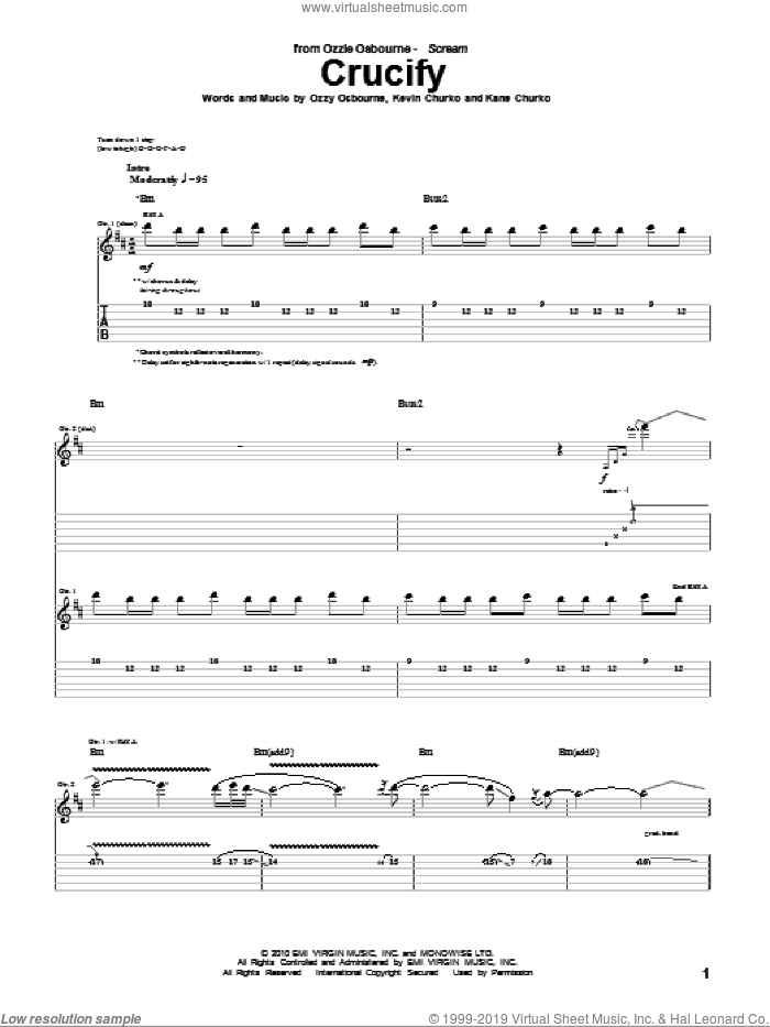 Crucify sheet music for guitar (tablature) by Ozzy Osbourne, Kane Churko and Kevin Churko, intermediate skill level
