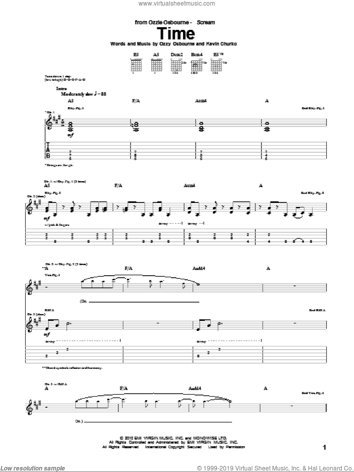 Time sheet music for guitar (tablature) by Ozzy Osbourne and Kevin Churko, intermediate skill level