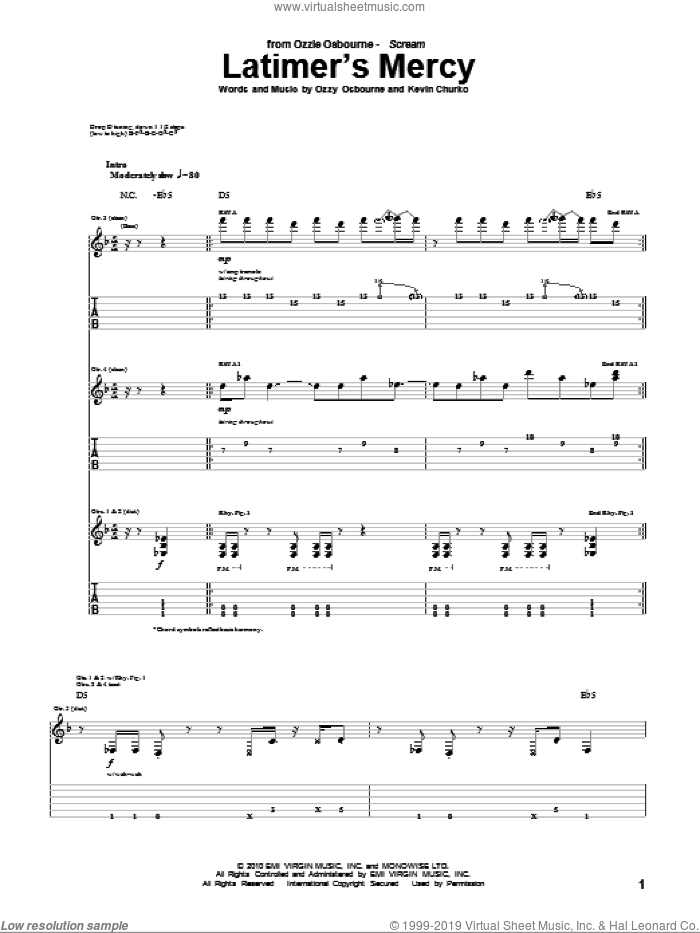 Latimer's Mercy sheet music for guitar (tablature) by Ozzy Osbourne and Kevin Churko, intermediate skill level