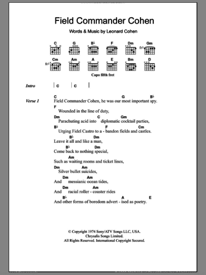 Field Commander Cohen sheet music for guitar (chords) by Leonard Cohen, intermediate skill level