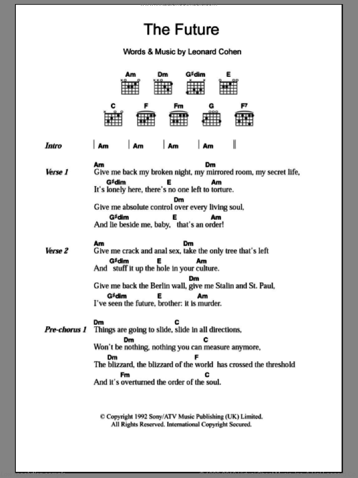 The Future sheet music for guitar (chords) by Leonard Cohen, intermediate skill level