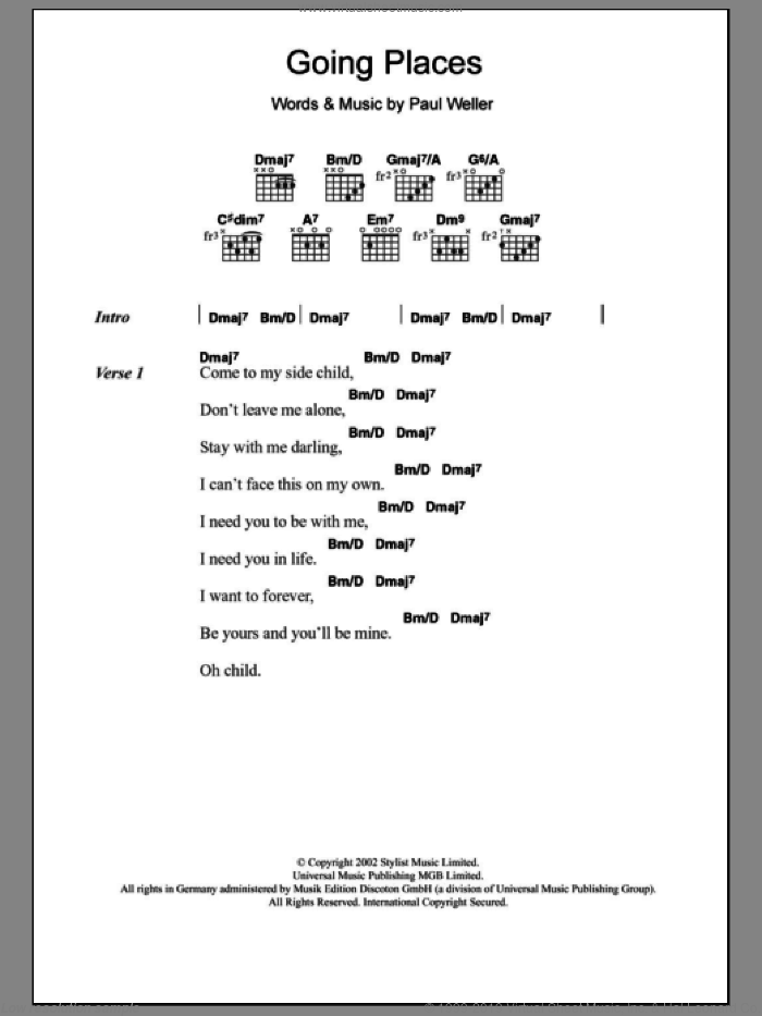 Going Places sheet music for guitar (chords) by Paul Weller, intermediate skill level