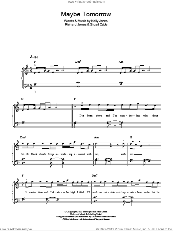 Maybe Tomorrow sheet music for piano solo by Stereophonics, Kelly Jones, Richard Jones and Stuart Cable, easy skill level
