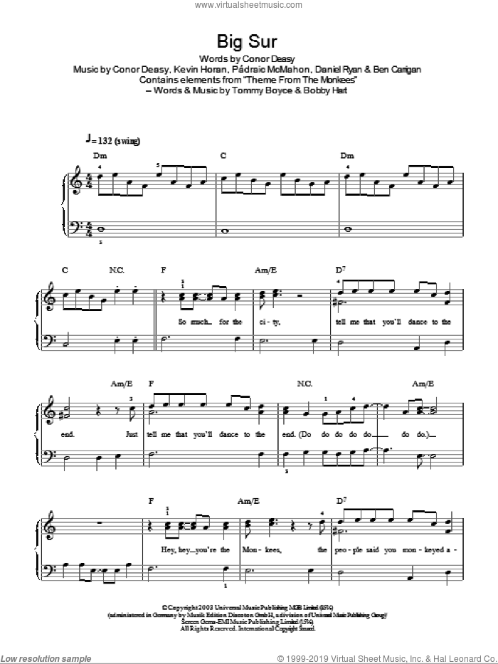 Big Sur sheet music for piano solo by The Thrills, Ben Carrigan, Conor Deasy, Daniel Ryan, Kevin Horan and Padraic McMahon, easy skill level