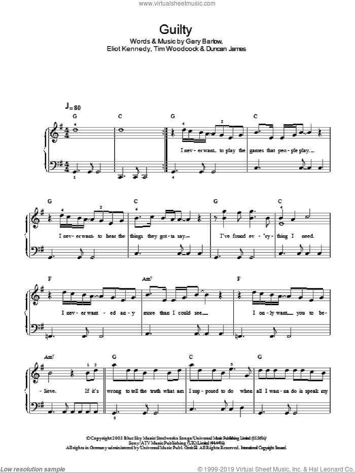 Guilty sheet music for piano solo by Gary Barlow, Miscellaneous, Duncan James, Eliot Kennedy and Tim Woodcock, easy skill level
