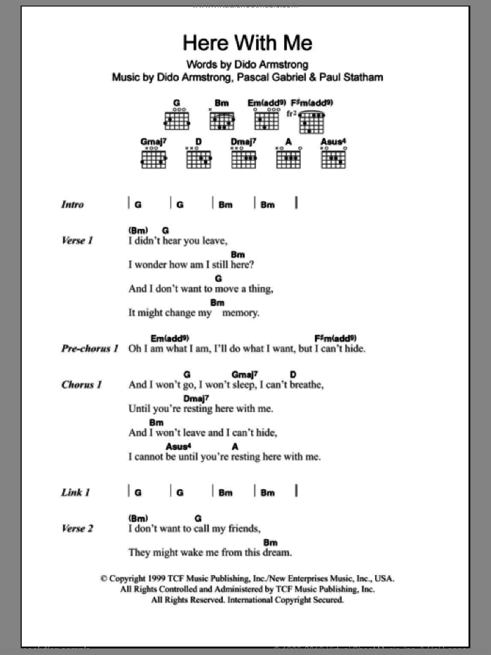 Here With Me sheet music for guitar (chords) by Dido Armstrong, Pascal Gabriel and Paul Statham, intermediate skill level