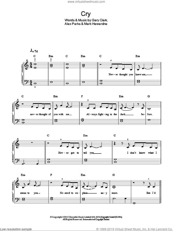 Cry sheet music for piano solo by Alex Parks, Gary Clark and Mark Hewardine, easy skill level