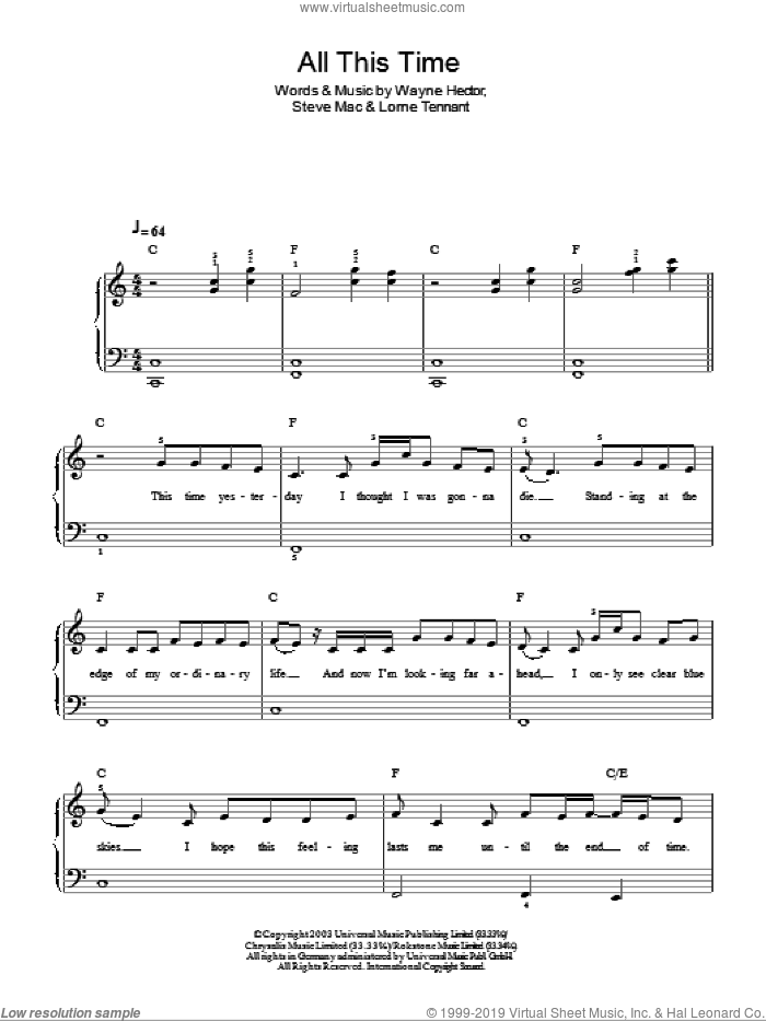 All This Time sheet music for piano solo by Michelle MacManus, Lorne Tennant, Steve Mac and Wayne Hector, easy skill level
