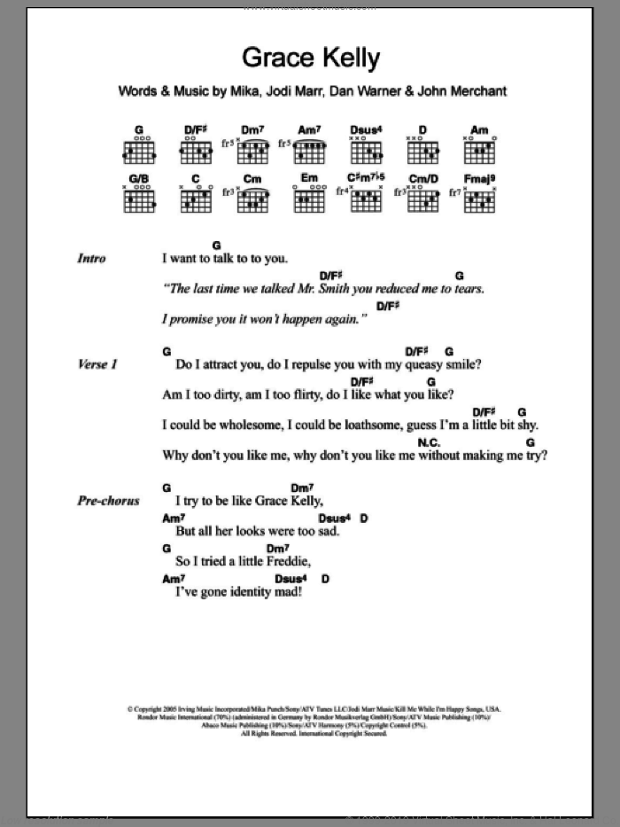 Grace Kelly sheet music for guitar (chords) by Mika, Dan Warner, Jodi Marr and John Merchant, intermediate skill level